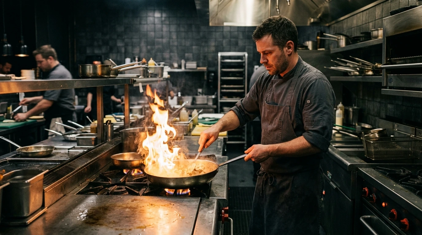 Cuisine professionnelle équipée, inox et feu