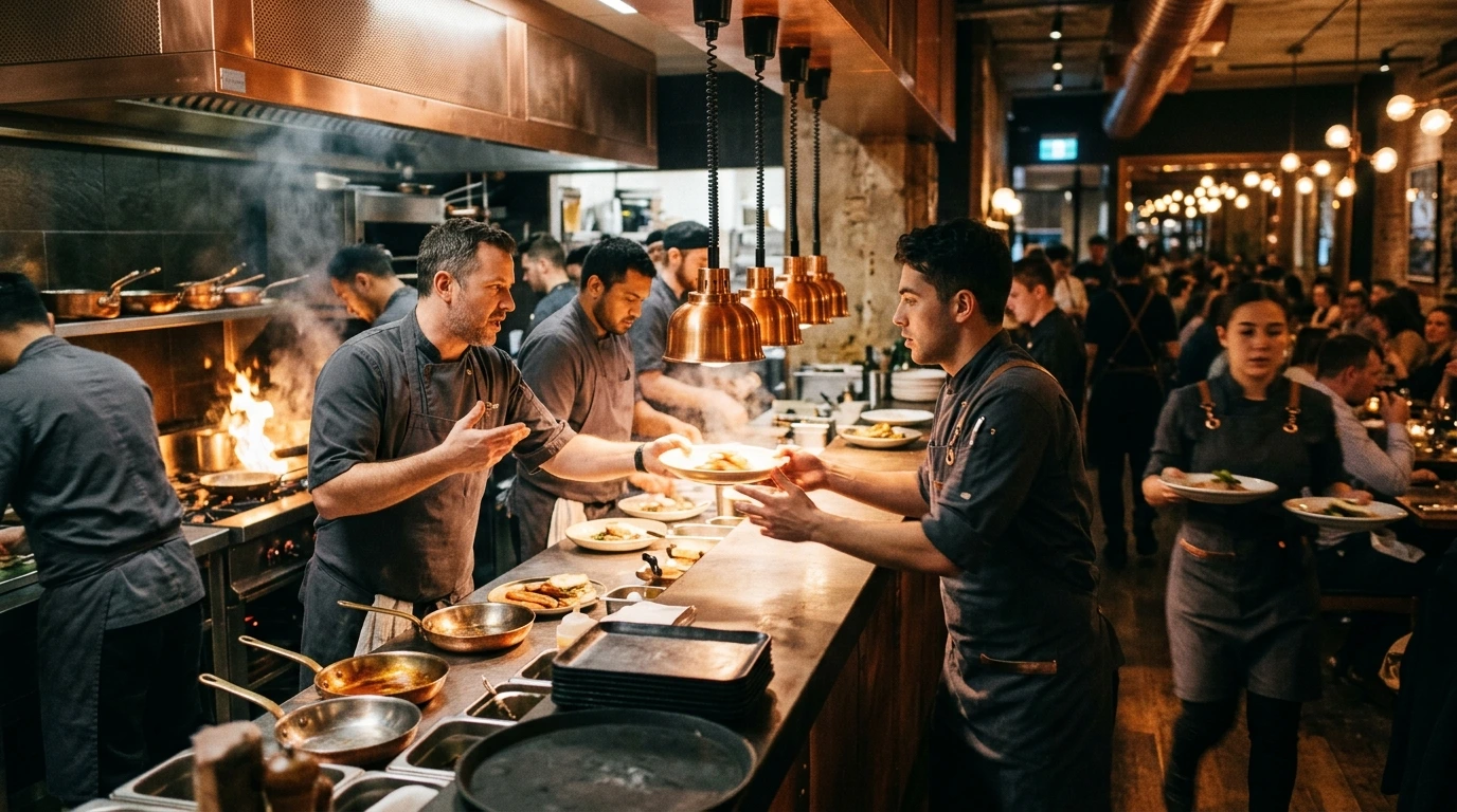 Brigade de cuisine et équipe de salle en plein service