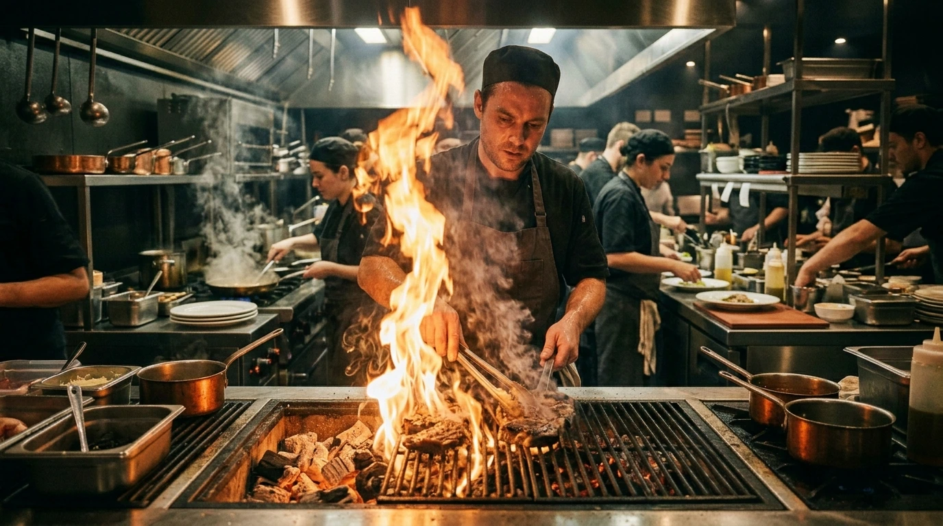 Brigade de cuisine professionnelle en plein rush