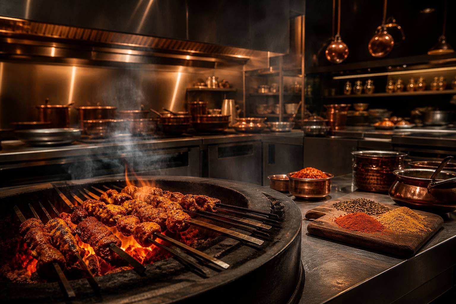 Brochettes cuisant à la braise dans un tandoor générique