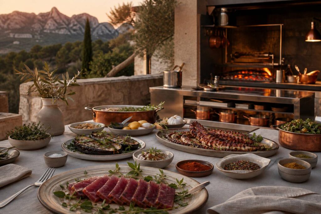 Table de partage en terrasse avec plats grillés et épices