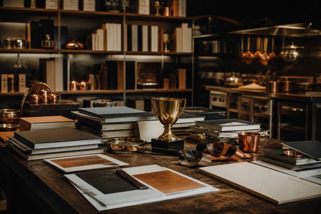Dossiers de presse empilés avec un trophée de gastronomie