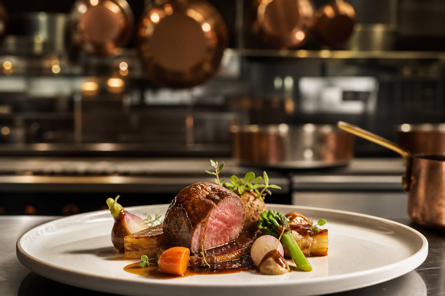 Assiette gastronomique française contemporaine dressée avec fond de cuisine professionnelle en inox