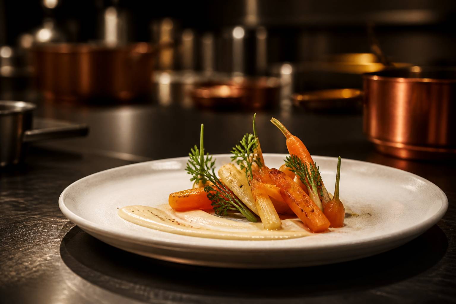 Assiette gastronomique de legumes dresses avec sauce au pinceau