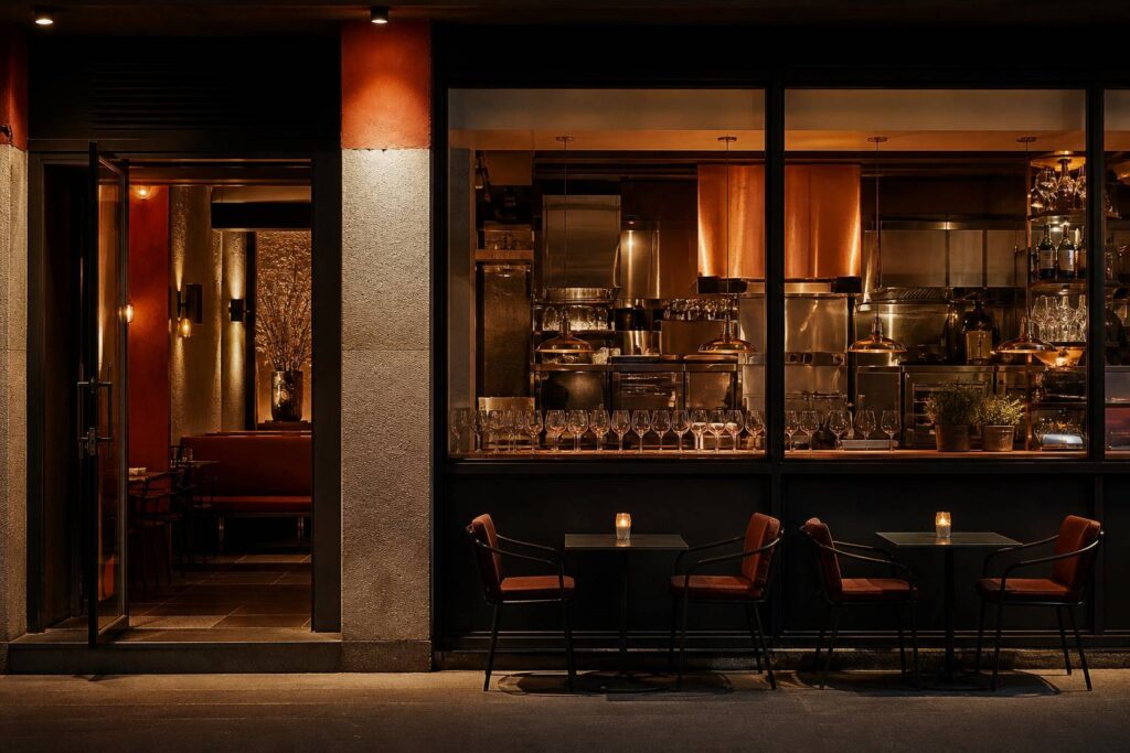 Devanture de bar-restaurant éclairée le soir avec terrasse