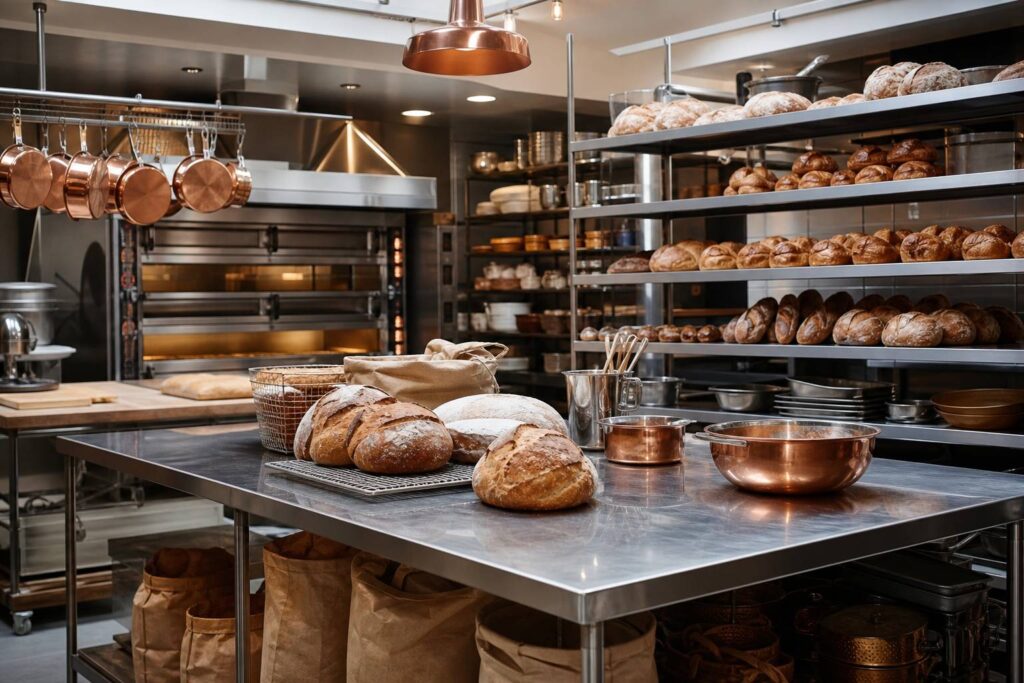 Atelier de boulangerie moderne avec des pains sur des étagères