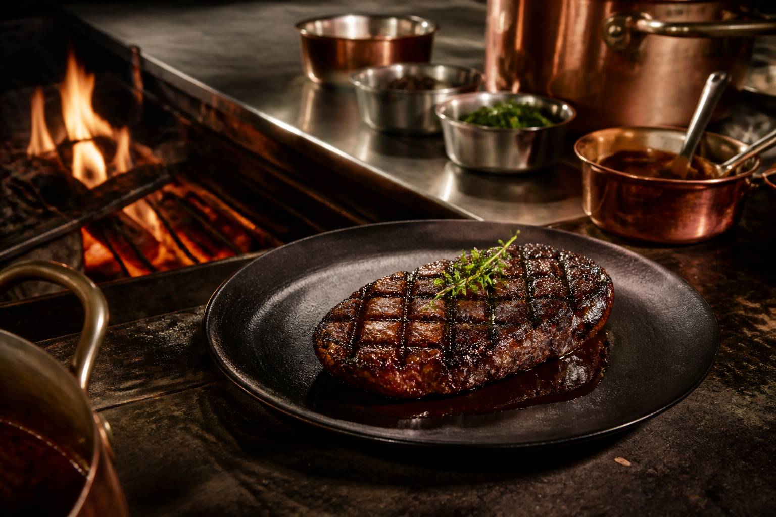 Pièce grillée marquée par la braise sur une assiette sombre