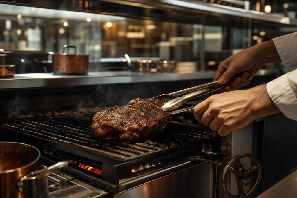 Mains de chef retournant une pièce sur un grill à bois