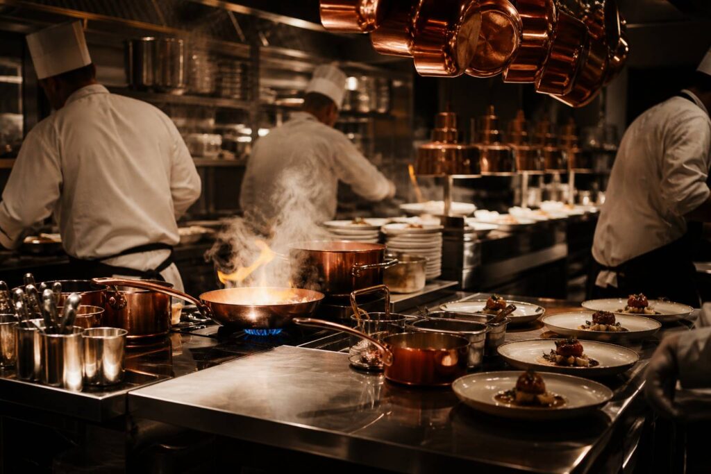 Brigade de cuisine professionnelle autour des plans en inox dans un restaurant gastronomique