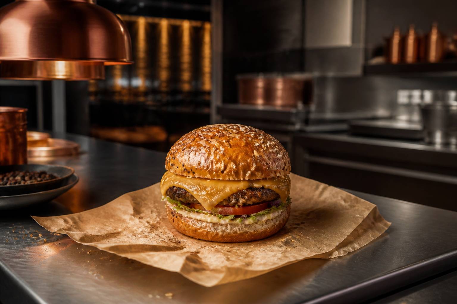 Burger générique au cheddar fondant vu de dessus sur du papier kraft