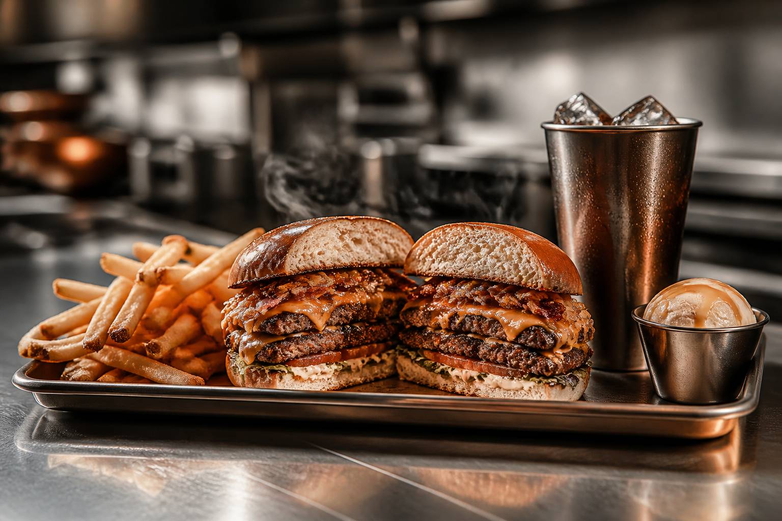 Burger coupé en deux avec double garniture, frites et glace miniature sur plateau inox