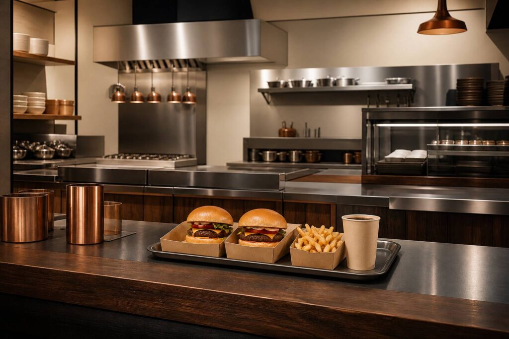 Comptoir de fast-food avec deux burgers sans logo sur plateau