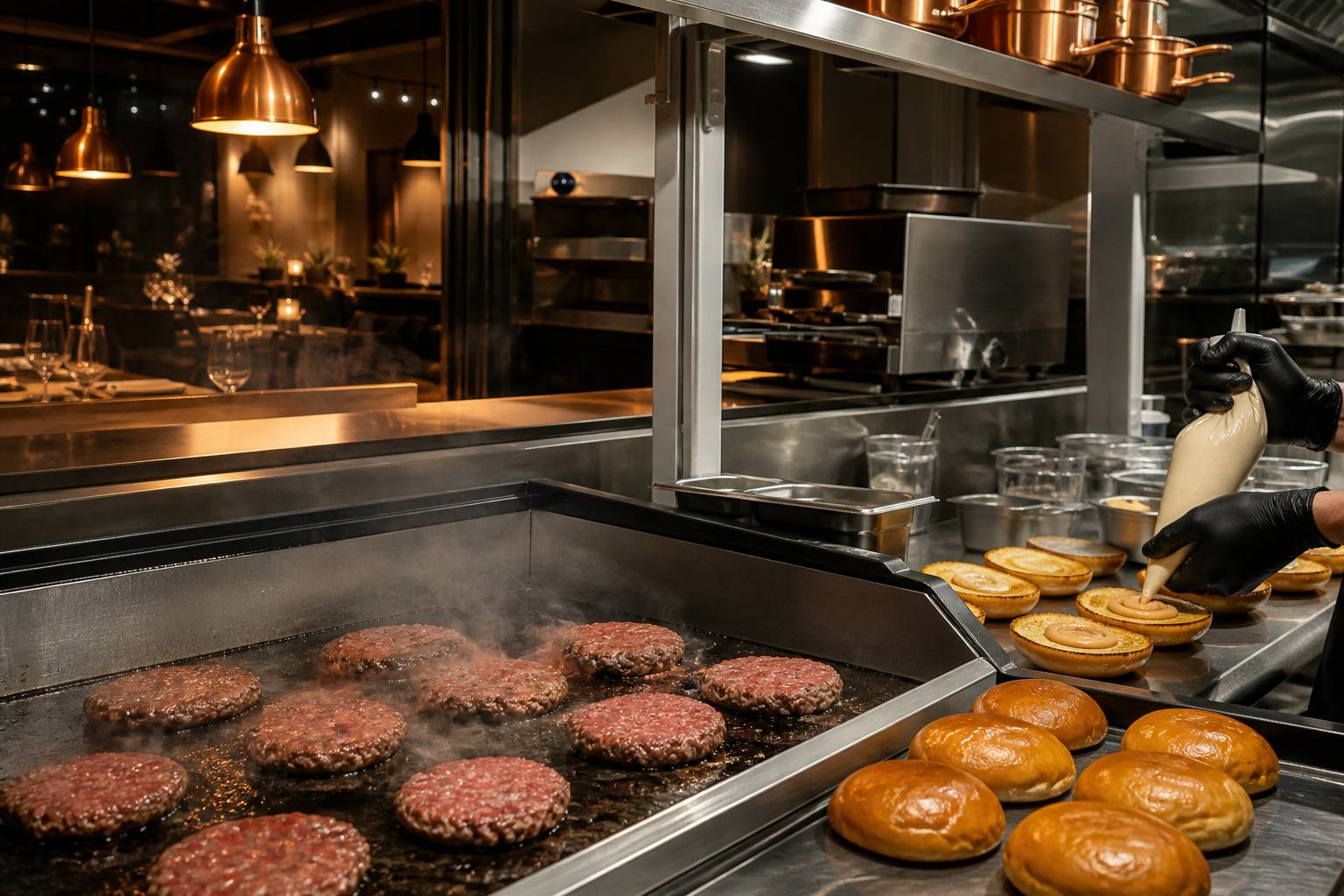 Cuisine professionnelle avec pains dorés et steak sur plancha