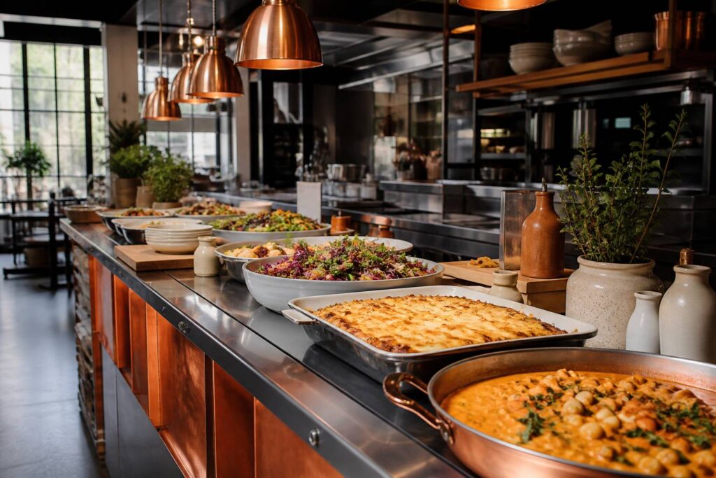 Comptoir de cantine végétale avec plats du jour, gratin de légumes et curry de pois chiches