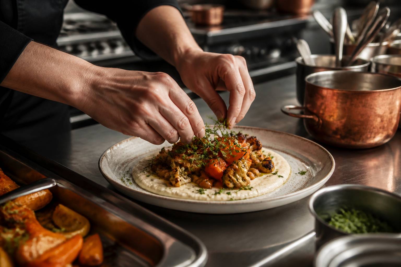 Mains de cuisinier dressant une assiette vegan de légumes rôtis avec sauce crémeuse