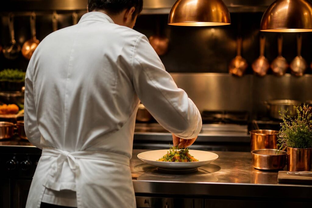 Chef en veste blanche dressant une assiette vegetale en cuisine