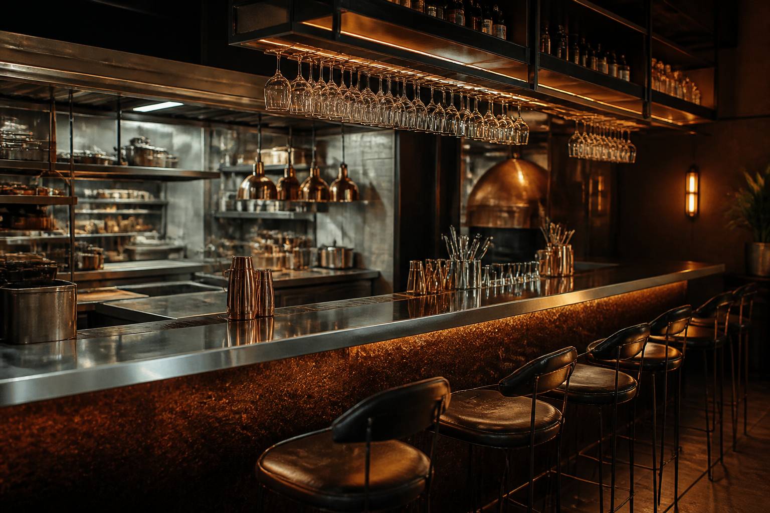 Comptoir de bar en inox avec verres suspendus et tabourets hauts