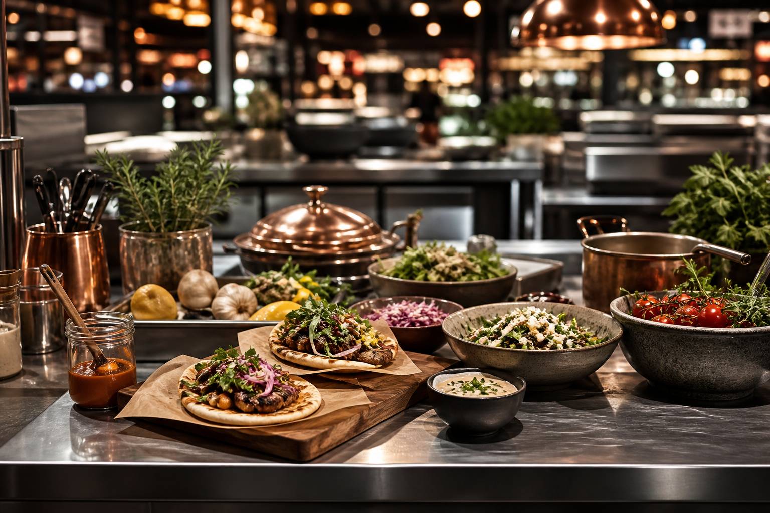 Comptoir en inox avec plats de street food dans une halle de food-court