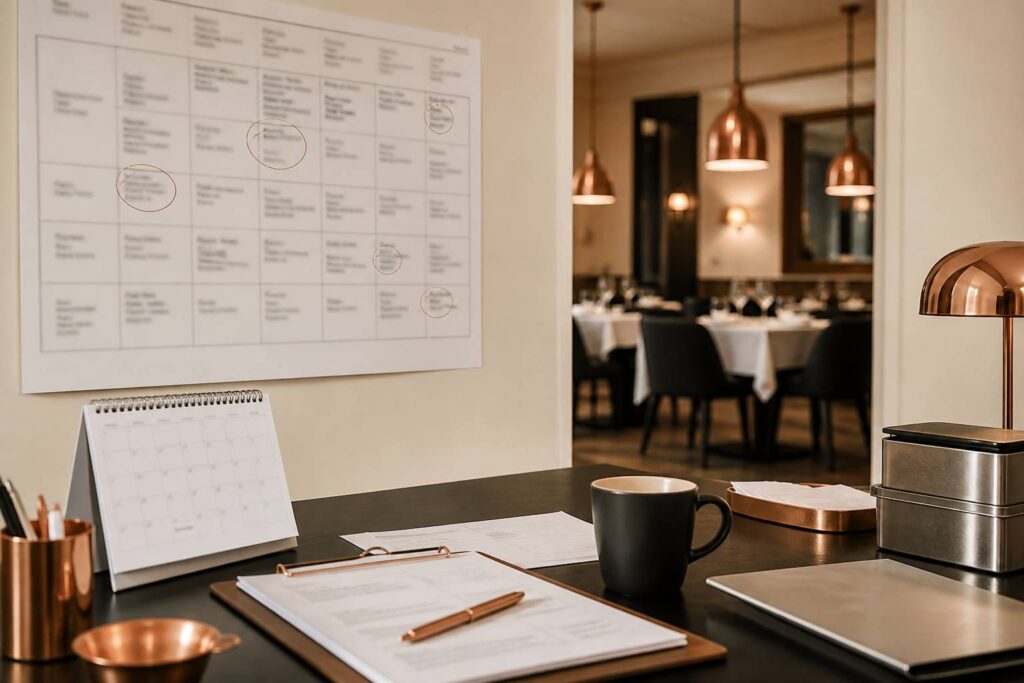 Planning affiché au mur avec des jours entourés au stylo dans un bureau de restaurant