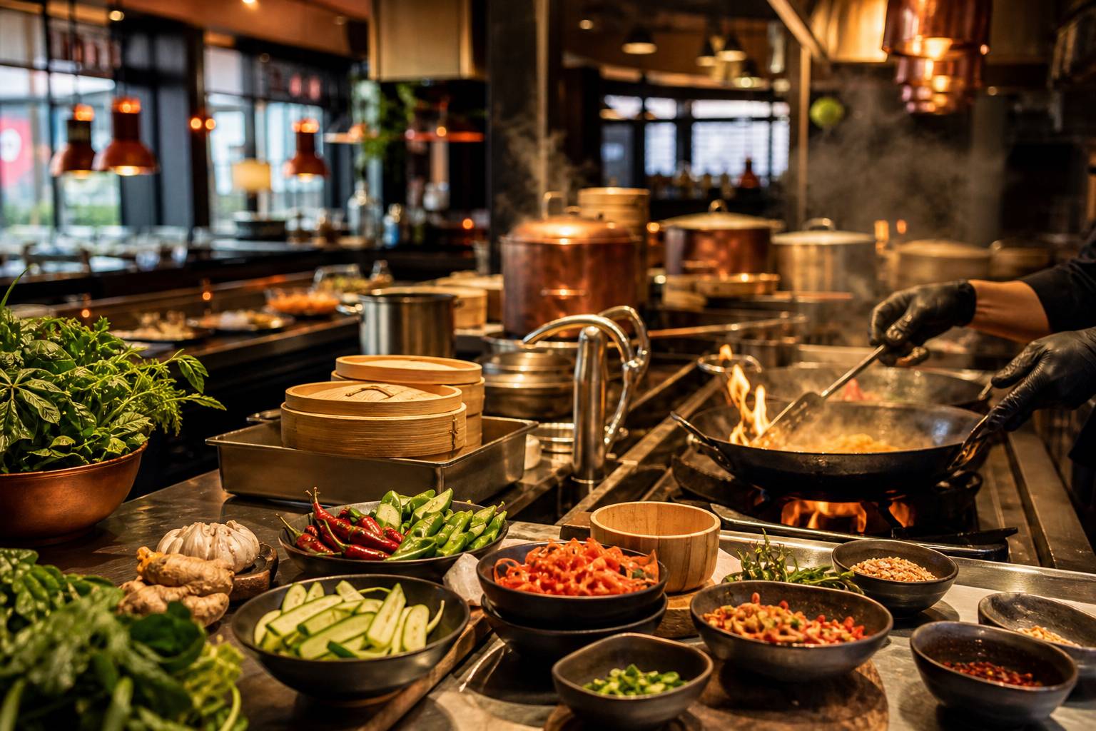 Cuisine asiatique avec wok, marmites vapeur et ingrédients frais