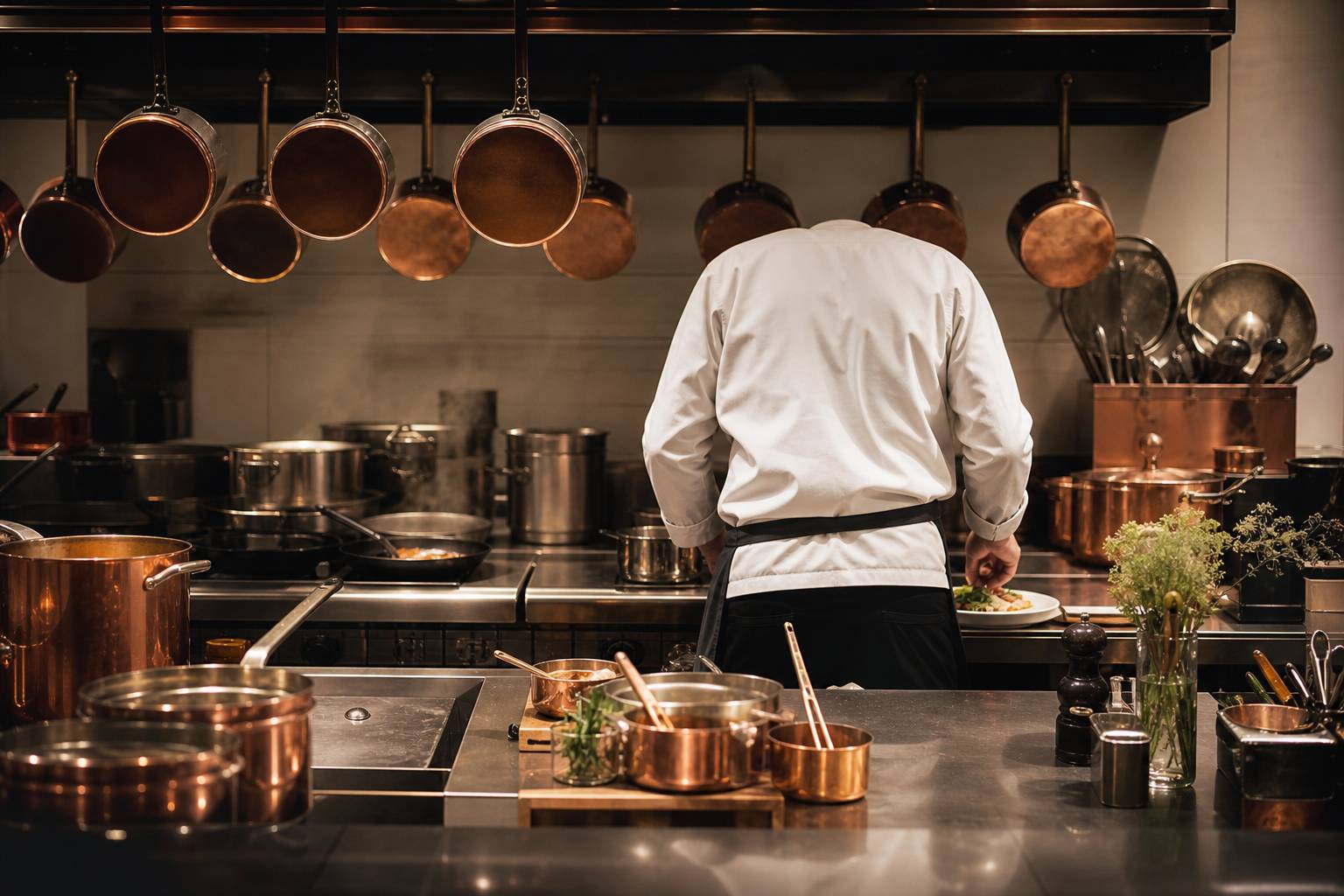 Cuisine de brasserie avec batterie en inox et cuisinier vu de dos
