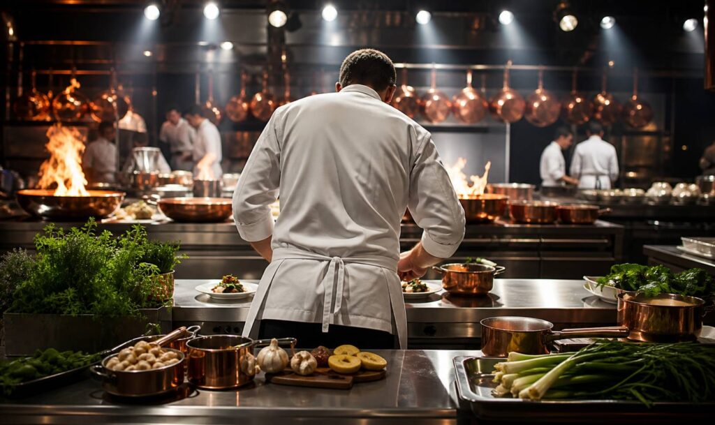 Chef en veste blanche dressant une assiette en cuisine