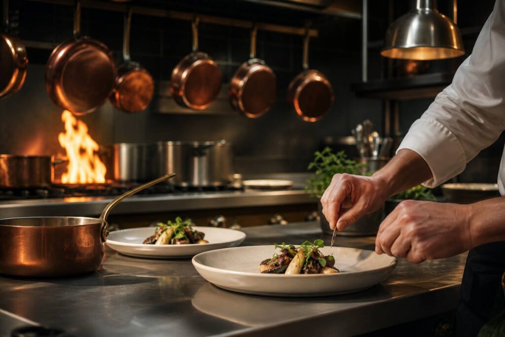 Cuisine professionnelle de restaurant avec batterie en cuivre, flammes vives et assiettes dressées au passe