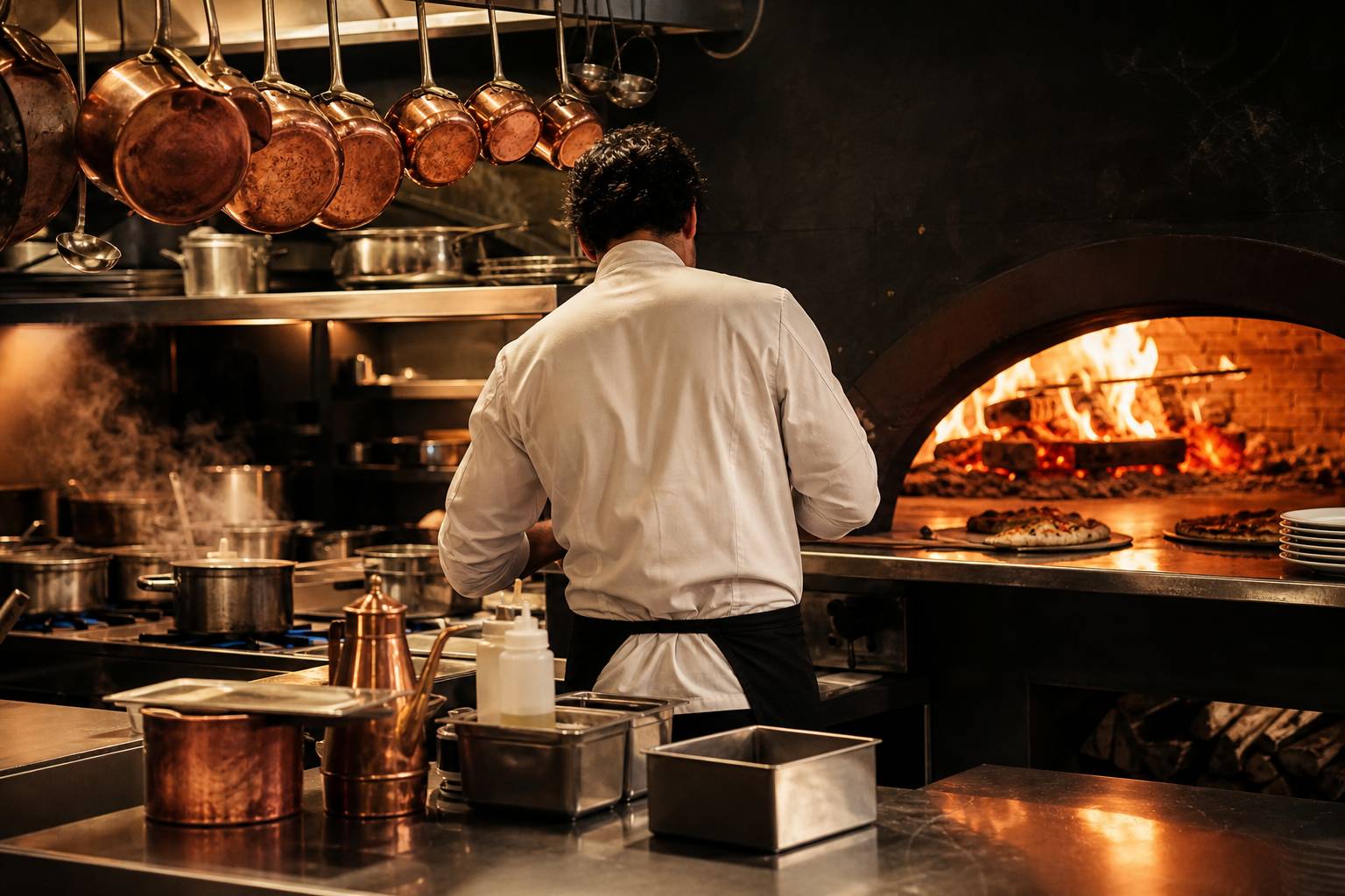 Cuisine professionnelle de restaurant avec four à bois et casseroles en cuivre