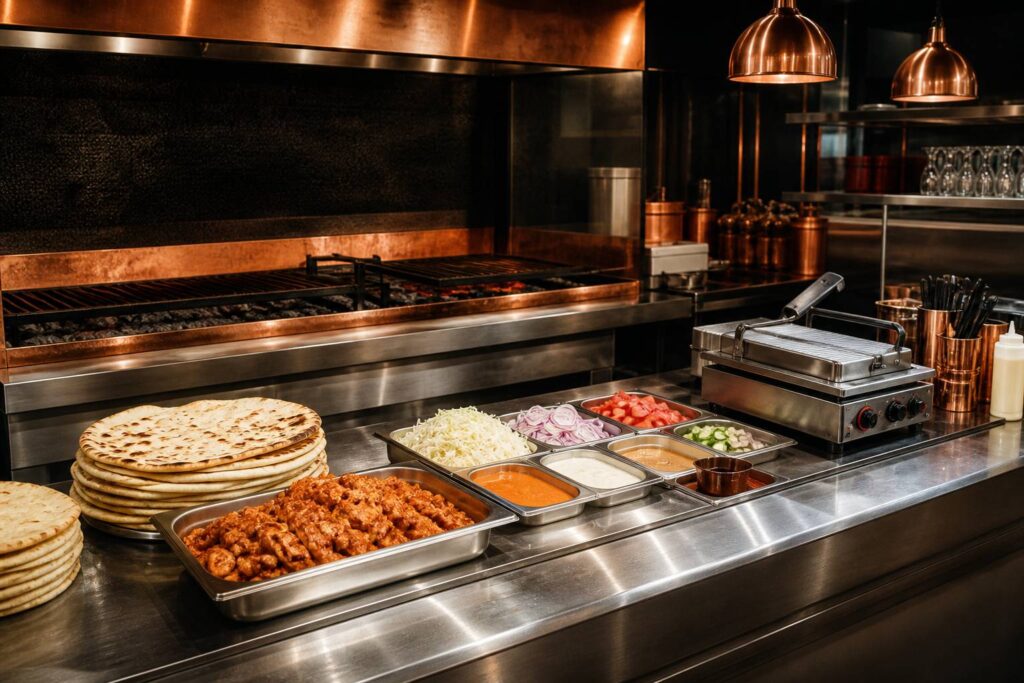 Cuisine pro avec ingrédients de tacos sur inox