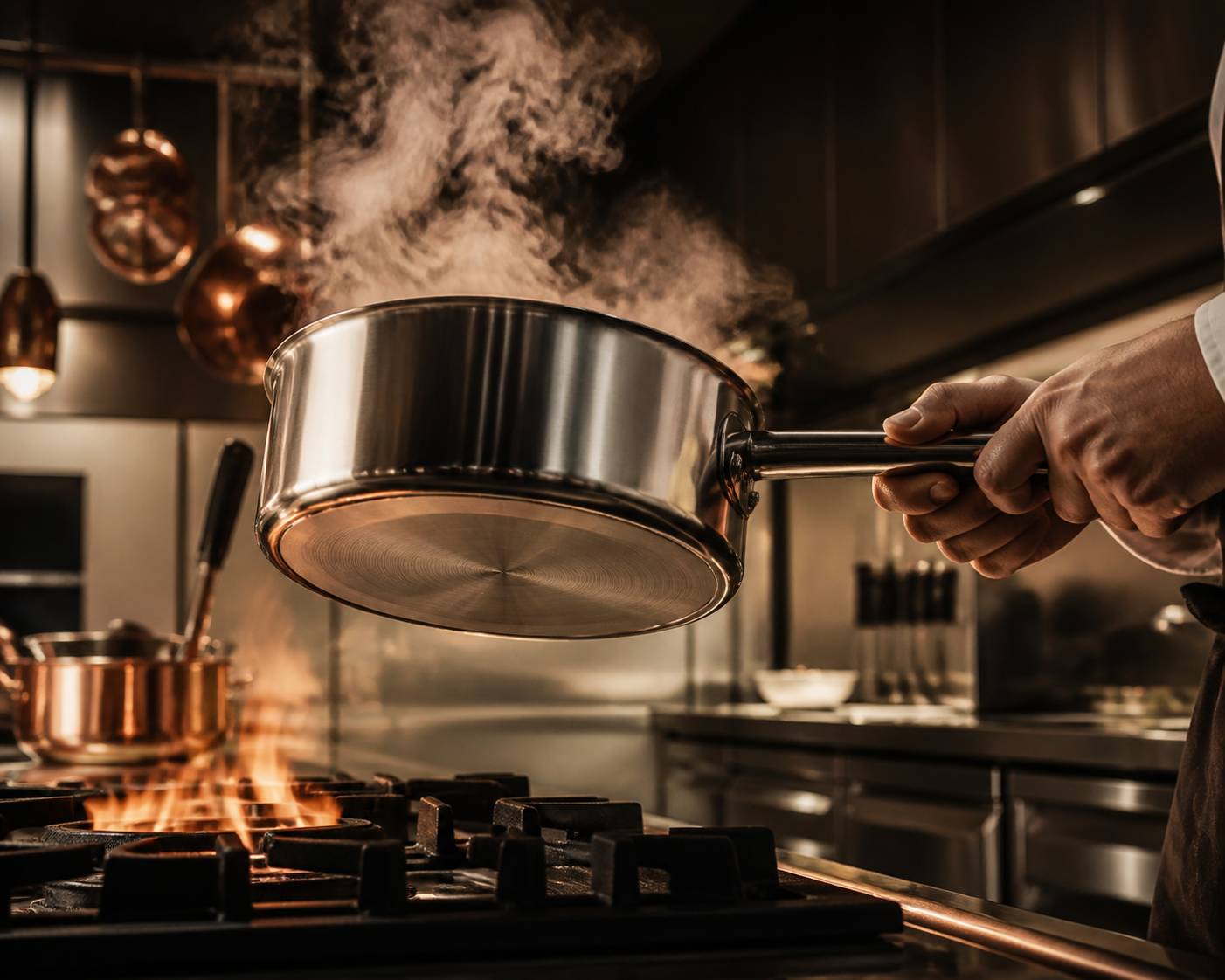 Mains tenant une casserole en inox au-dessus d'une flamme