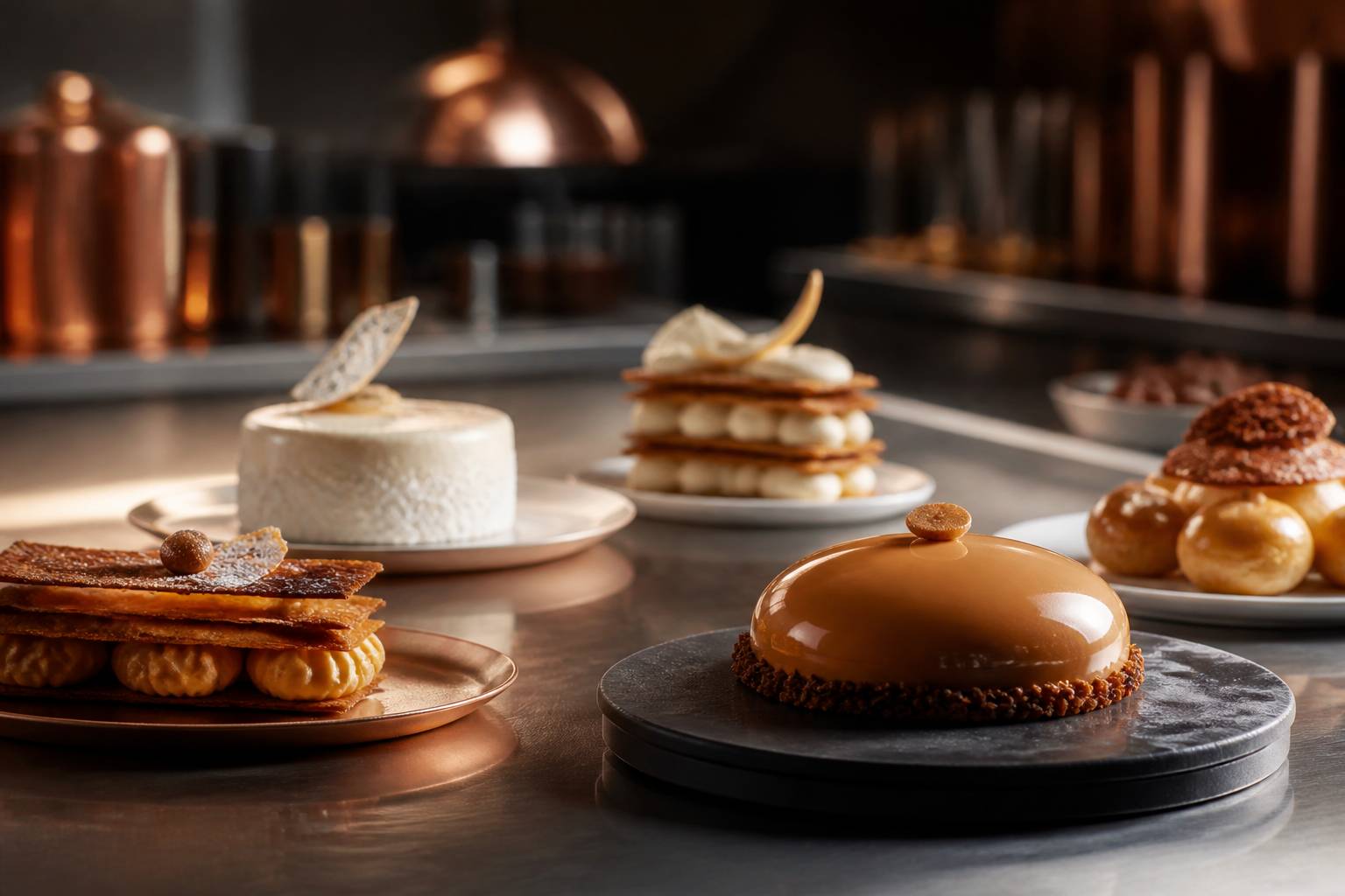 Desserts d'auteur aux textures travaillées sur un comptoir