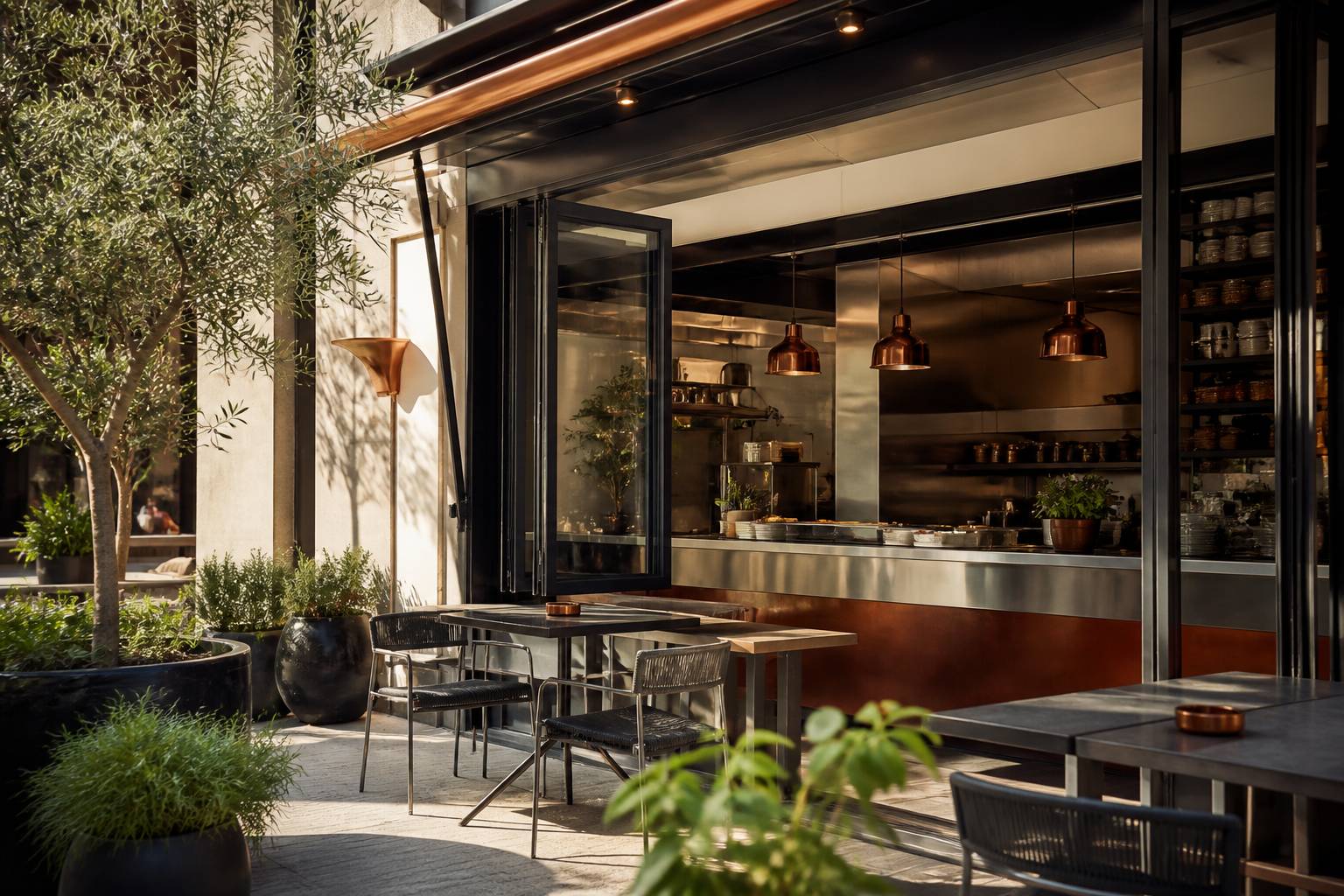 Devanture de café avec terrasse ouverte et cendrier