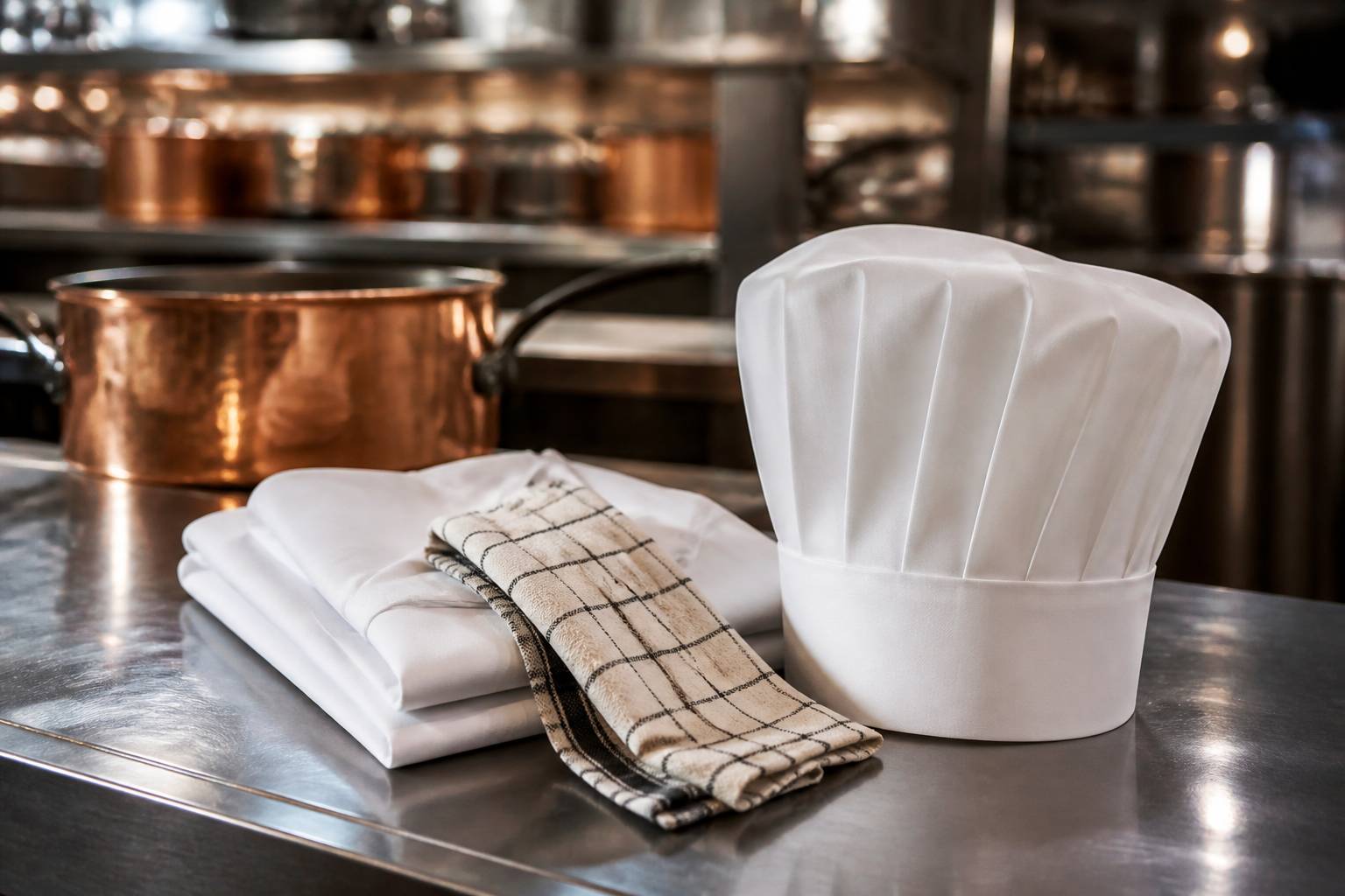 Toque de cuisinier posée sur plan de travail en inox