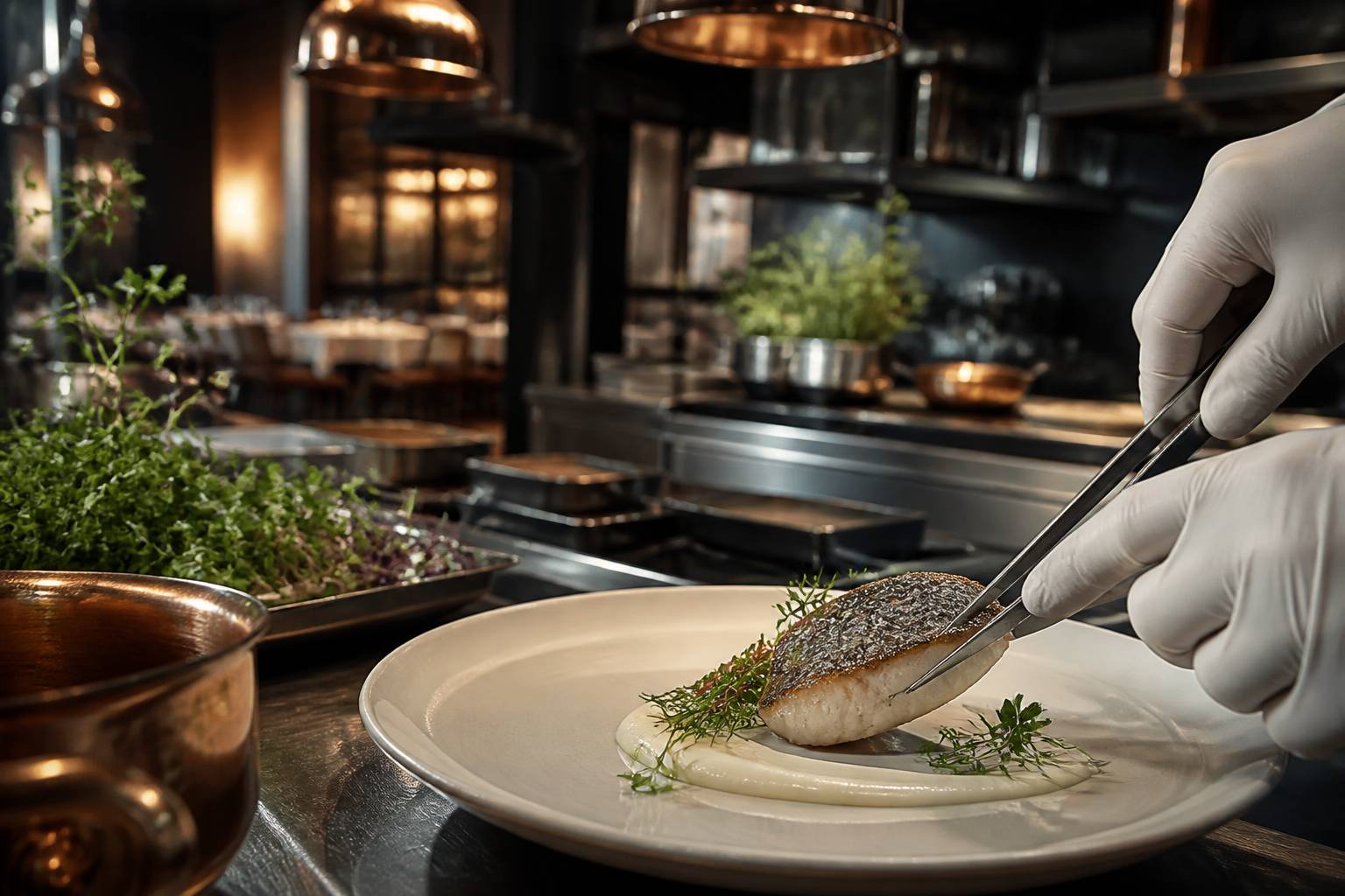 Mains gantées déposant un filet de poisson de lac sur une assiette avec herbes et sauce