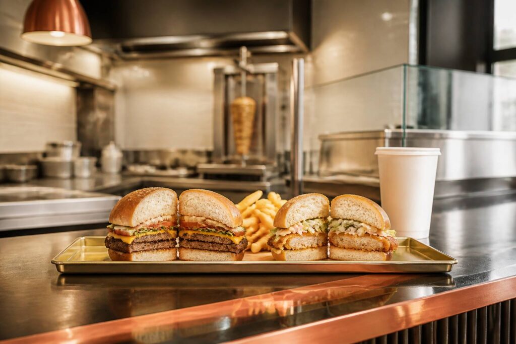 Plateau de fast-food avec deux burgers coupés en deux, frites dorées et gobelet