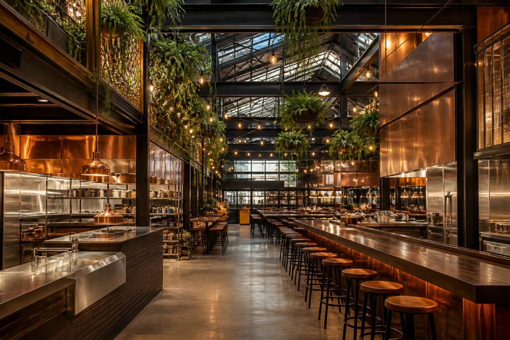 Grande halle urbaine de food-court avec comptoirs de street food