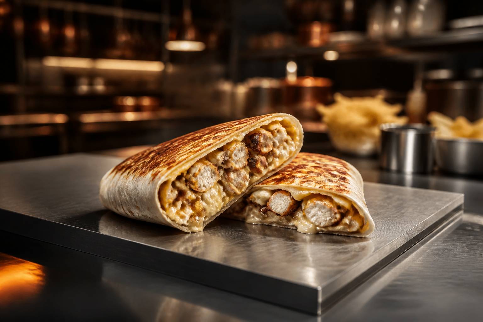 French tacos pressé coupé en deux sur planche inox