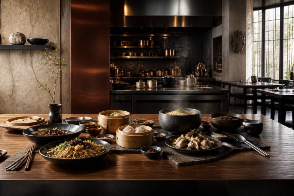 Table de restaurant asiatique moderne avec bols de nouilles et raviolis vapeur