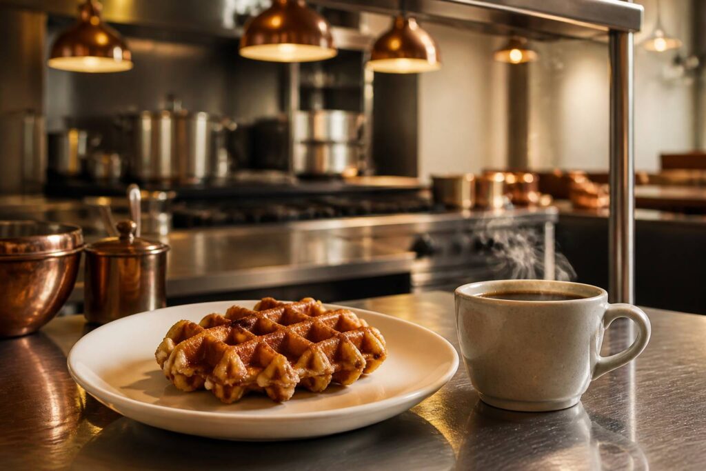 Gaufre liégeoise dorée aux perles de sucre avec une tasse de café sur un comptoir