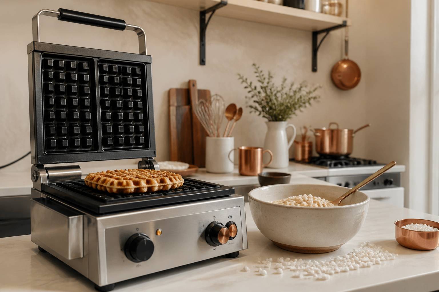 Gaufrier professionnel ouvert avec une gaufre liégeoise en préparation