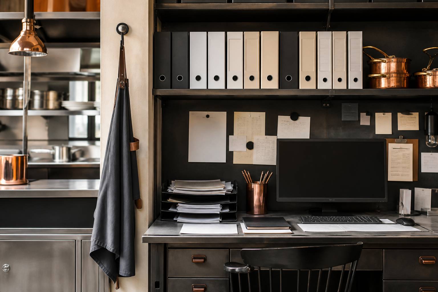 Classeurs et documents rangés dans un bureau de restaurant