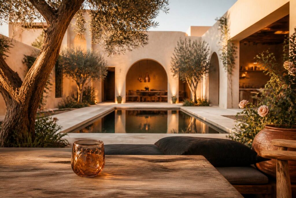 Jardin marocain avec bassin, oliviers et verre en verre soufflé