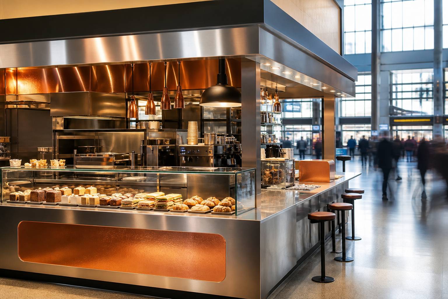 Kiosque de restauration compact en inox dans un hall de gare