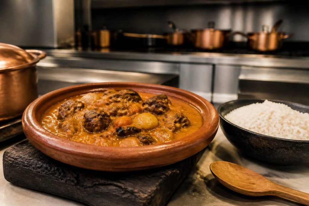 Mafé au bœuf servi en marmite de terre cuite avec sauce à l'arachide épaisse et riz blanc