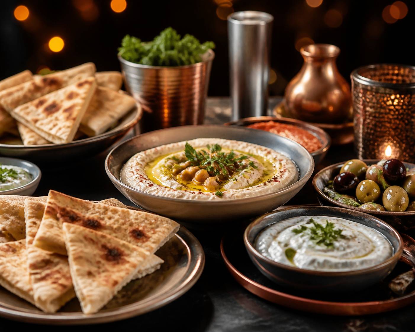 Assiettes de mezze grecs sur une table avec des lumières tamisées en arrière-plan