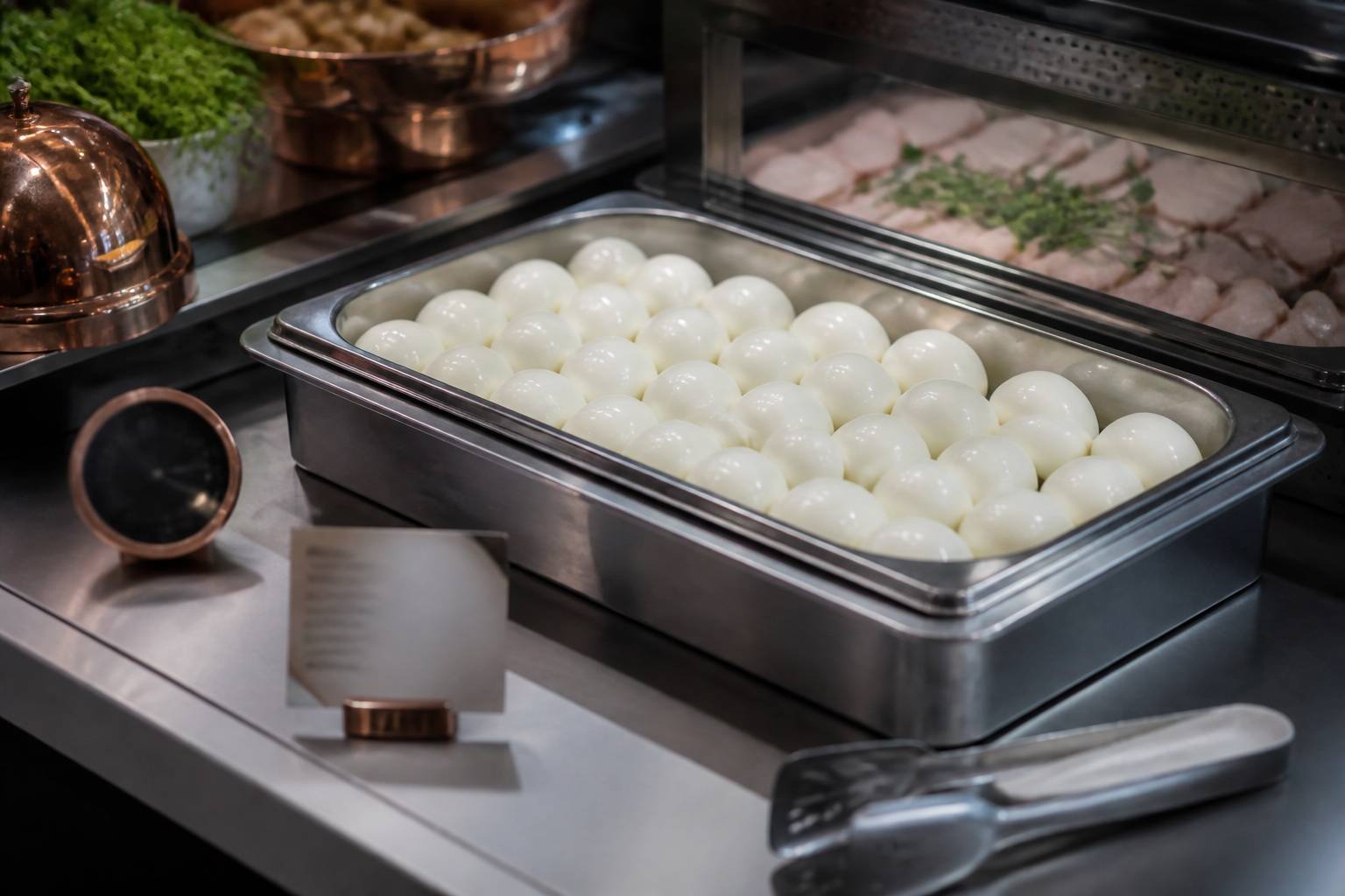 Œufs durs écalés en rangées avec étiquette dans un bac gastronorme