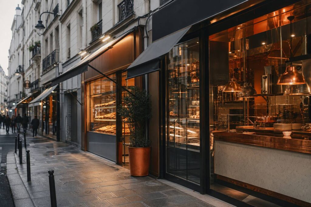Devantures de restaurants génériques dans une rue commerçante