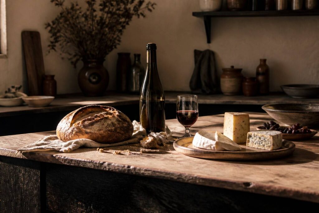 Miche de pain, bouteille de vin générique et plateau de fromages sur une table en bois