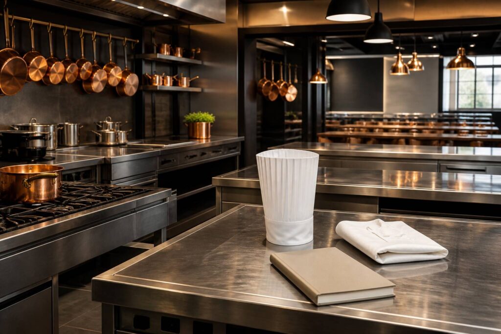 Cuisine professionnelle avec toque, tablier et casseroles en cuivre