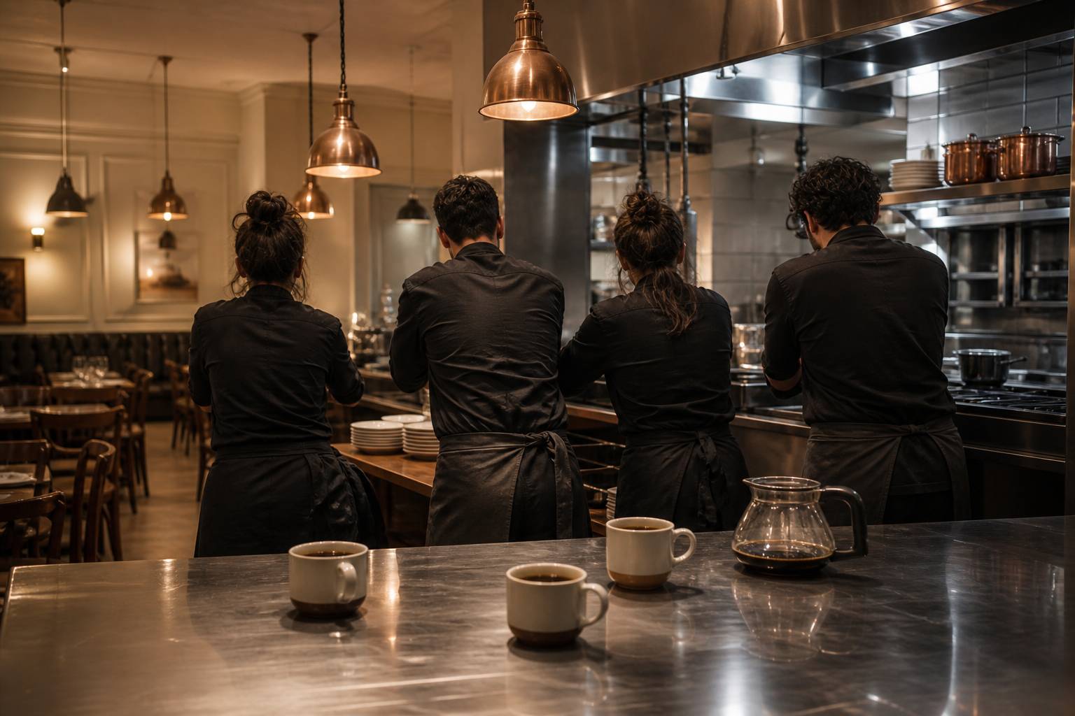 Équipe de restaurant vue de dos en pause autour d'une table avec des cafés